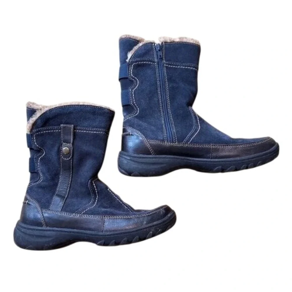 Navy Blue Suede Mid-Calf Winter Boots Faux Fur Lined Zipper‎ Detail Womens